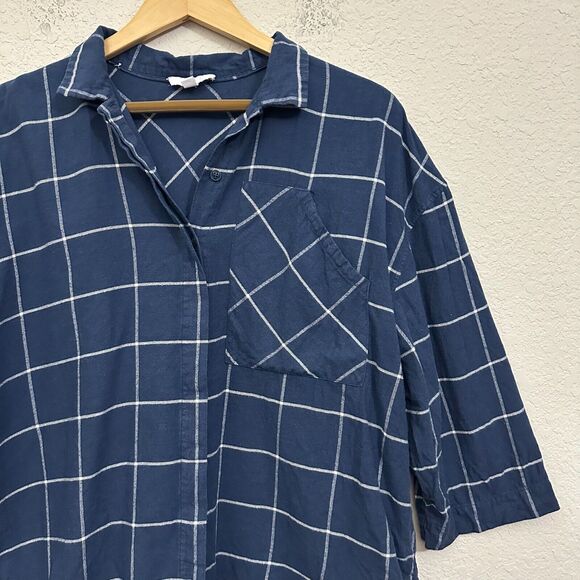 LUNYA Button Up Shirt Navy Blue Windowpane 3/4 Sleeve Cotton-Blend - Picture 4 of 9